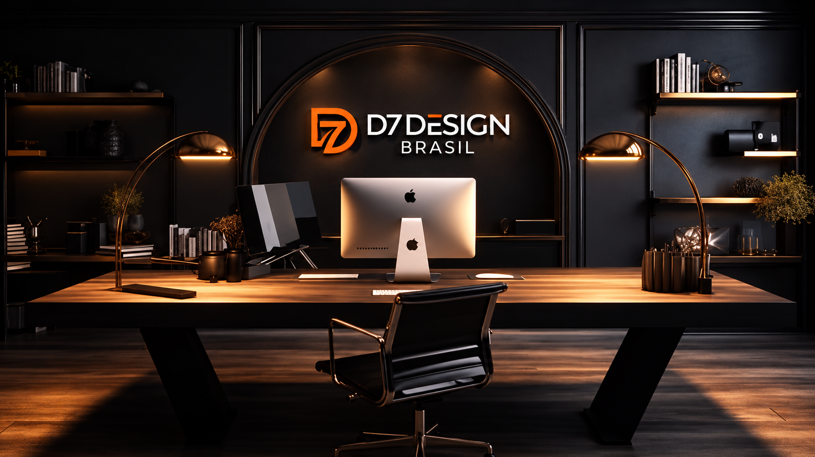 Escritório com a logo D7 Design Brasil aplicada na parede